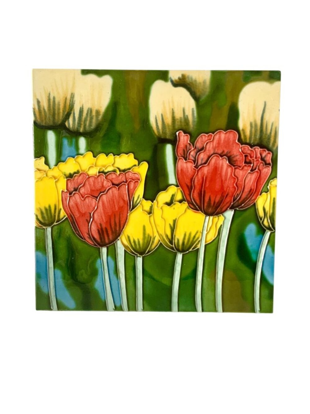 Decorative Ceramic Tile With Vibrant Tulips Design 8" X 8" Square Display Piece